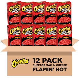 Cheetos Mac & Cheese Flamin' Hot boxes in a 12-pack for quick meals