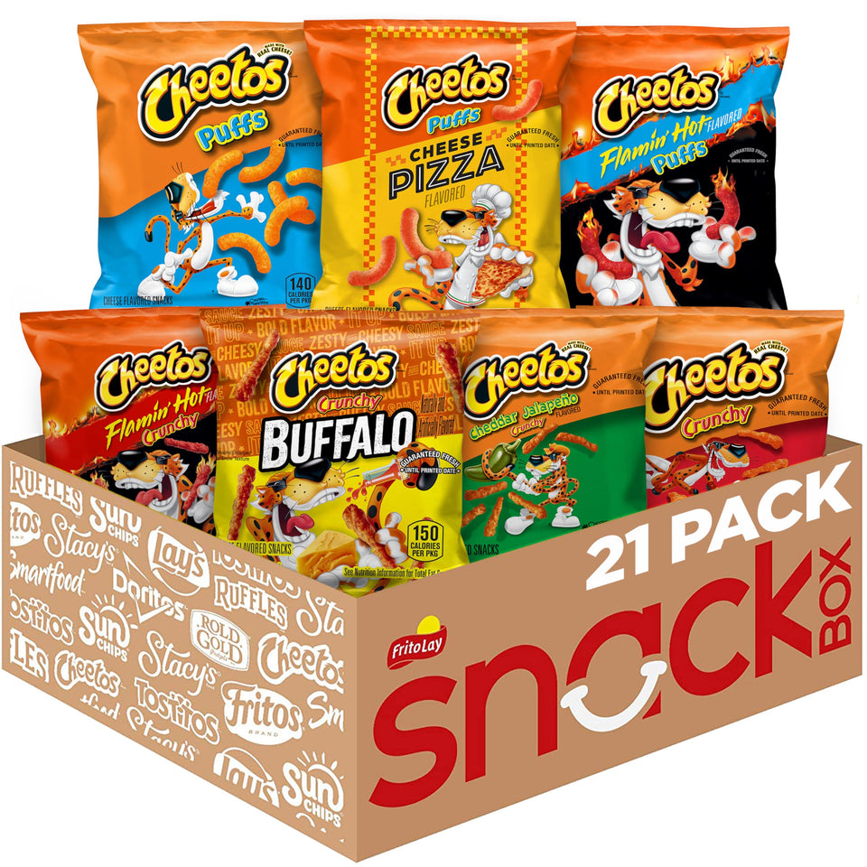 Cheetos variety pack front view showing 21 bags, perfect for sharing
