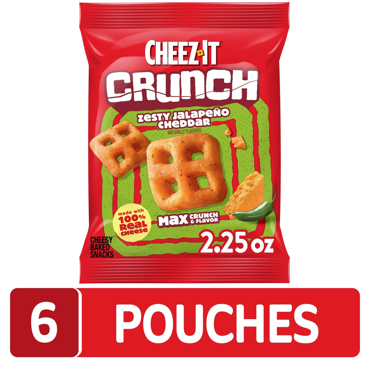 Cheez-It Crunch Zesty Jalapeno Cheddar packaging shows six-pouch case for sharing