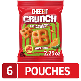 Cheez-It Crunch Zesty Jalapeno Cheddar packaging shows six-pouch case for sharing