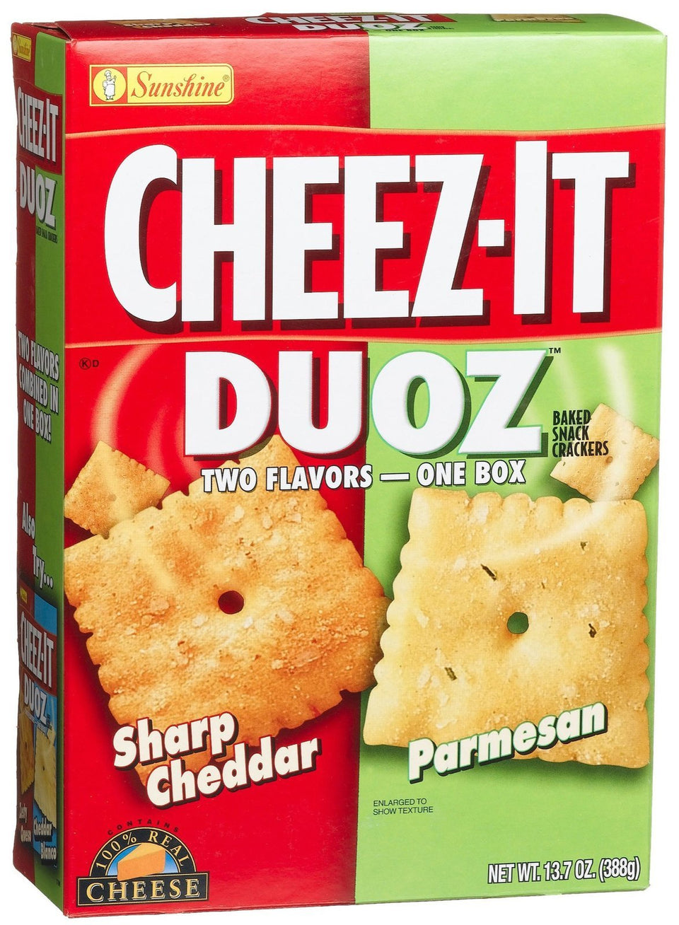 Cheez-It Duoz sharp cheddar and parmesan crackers provide a crisp, cheesy bite for on-the-go snacking.