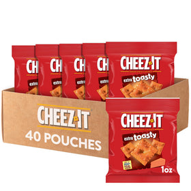 Cheez-It Extra Toasty Cheese Crackers in 40 pouches for on-the-go snacking.