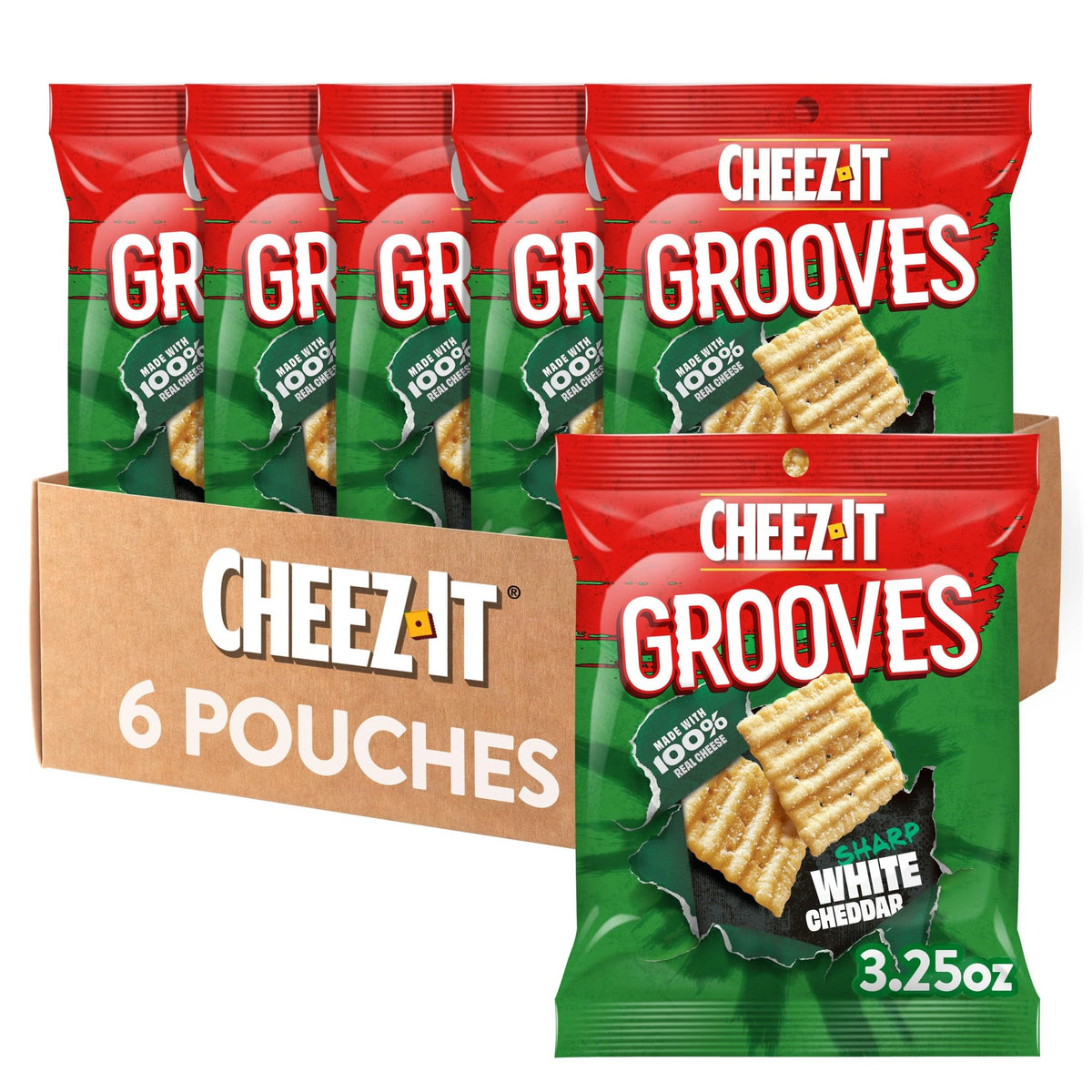 Cheez-It Grooves closeup showing bold white cheddar flavor and ridged crunch.
