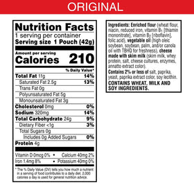 Cheez-It Original snack pouch close-up demonstrates convenient on-the-go snacking.