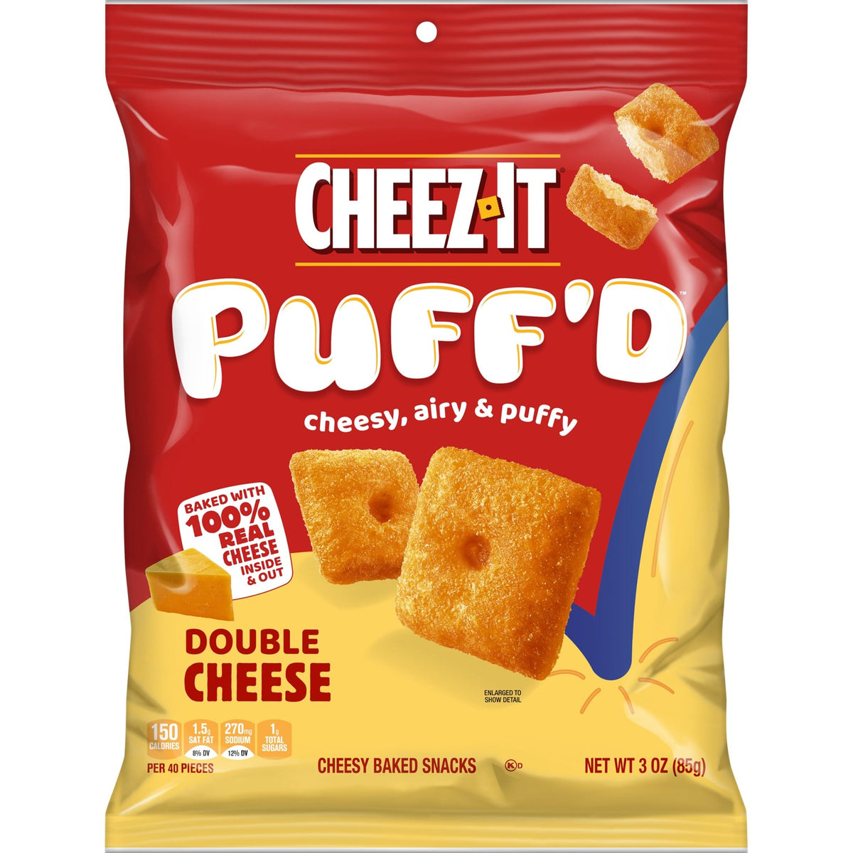 Cheez-It Puff'd Double Cheese crackers crunch in a savory bite.