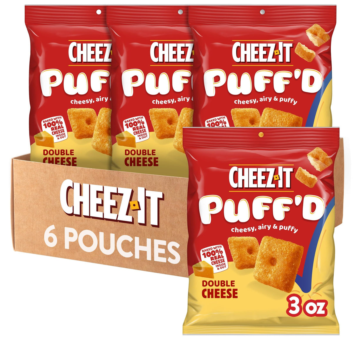 Cheez-It Puff'd Double Cheese pack close-up with six pouches and crisp texture.