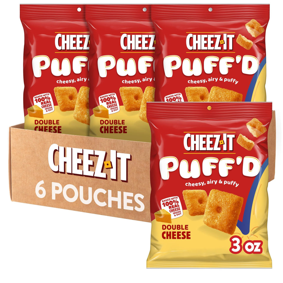 Cheez-It Puff'd Double Cheese pack close-up with six pouches and crisp texture.