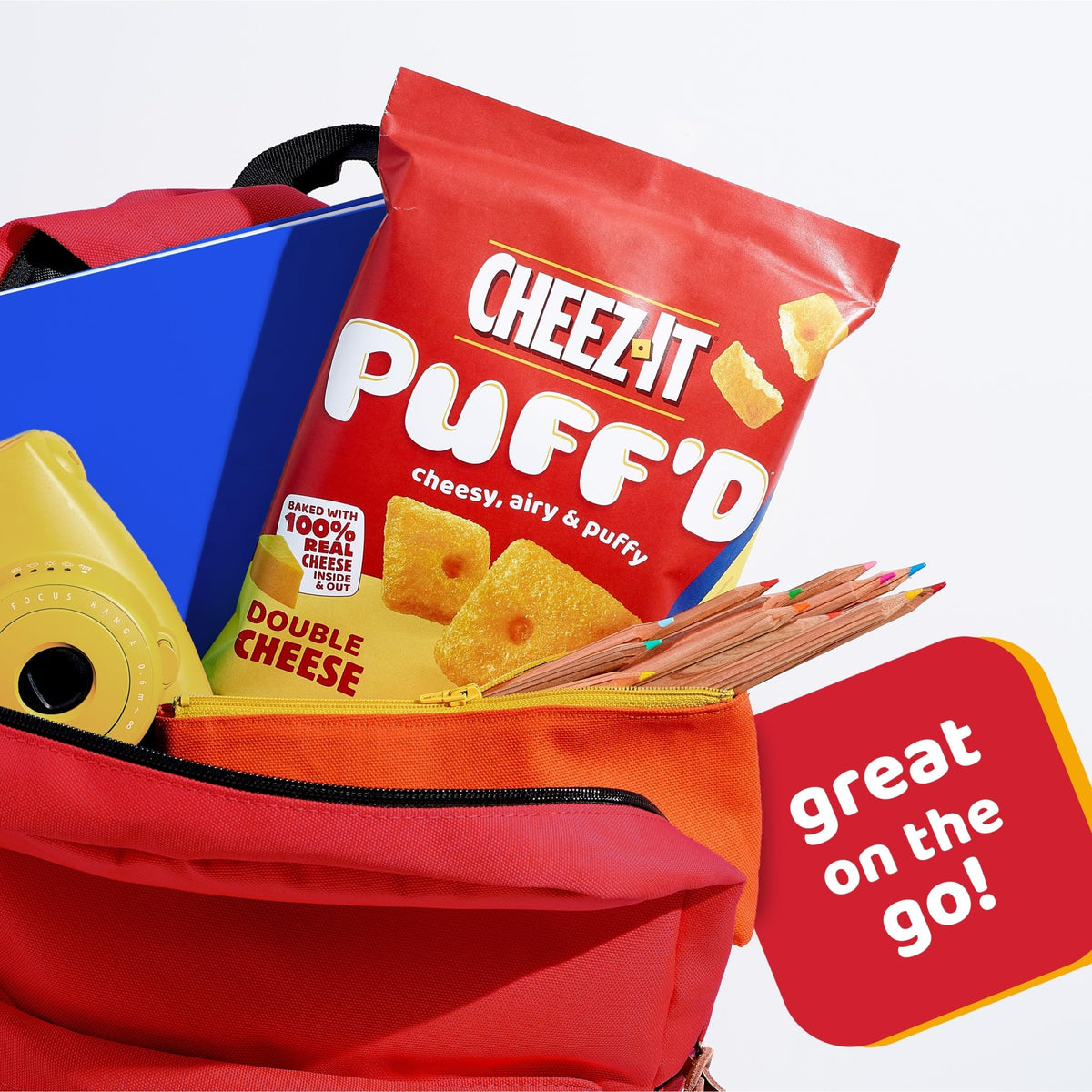 Cheez-It Puff'd Double Cheese snack on the go with bold flavor.