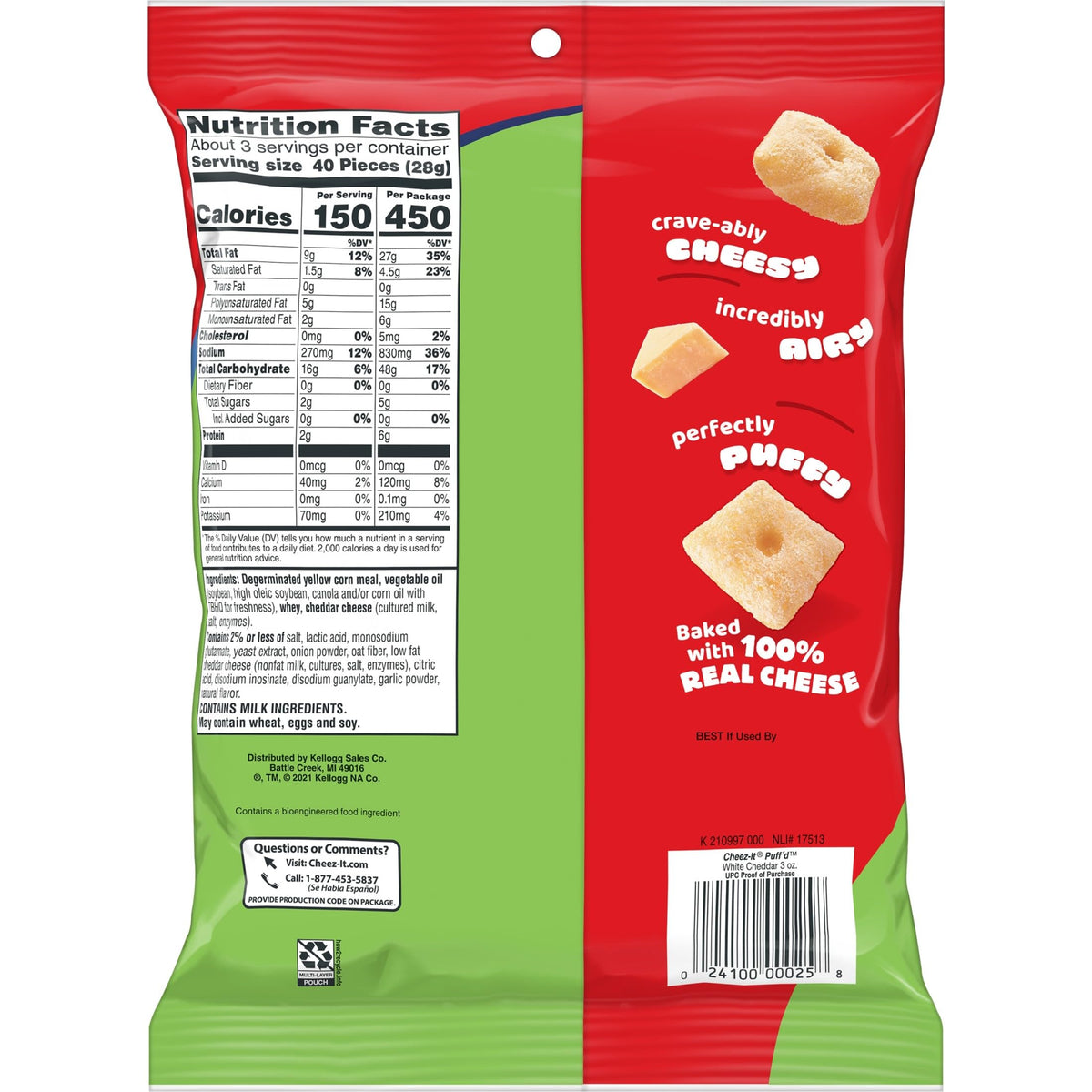 Cheez-It Puff'd White Cheddar freshness seal emphasizes sealed packets