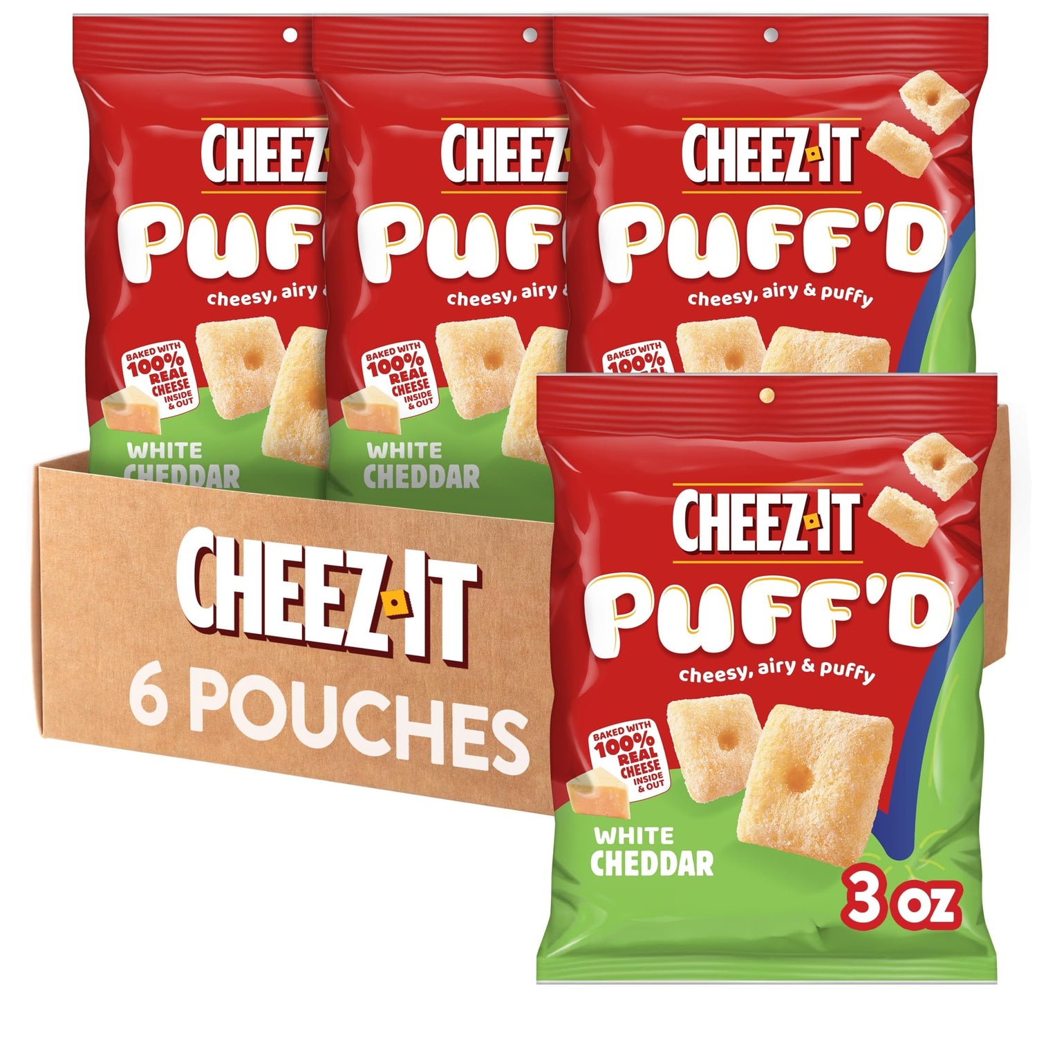 Cheez-It Puff'd White Cheddar packaging image showing convenient on-the-go snacking
