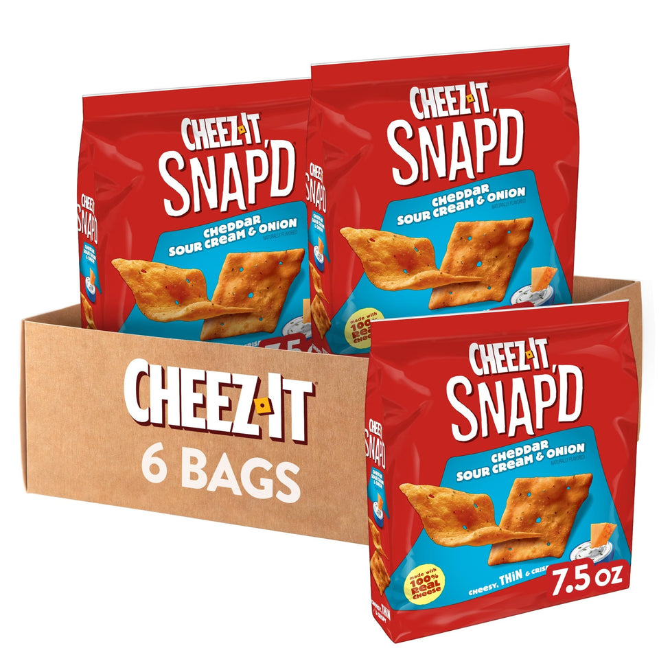 Cheez-It Snap'd cheddar sour cream onion crackers in a resealable bag for quick snacking.