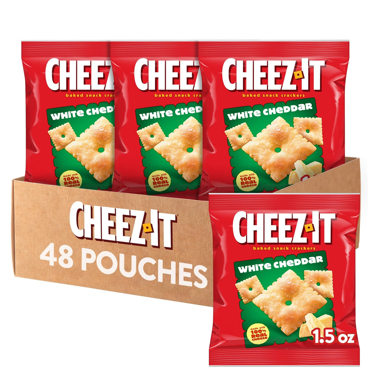 Cheez-It White Cheddar crackers close-up showing crispy bite and real cheese flavor.
