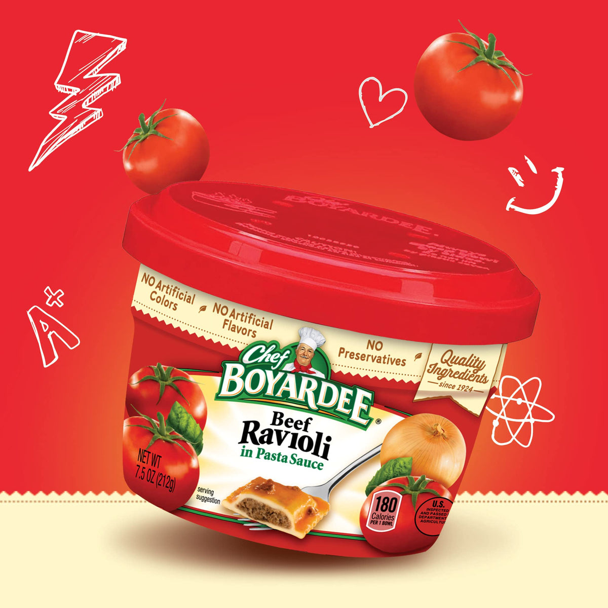 Chef Boyardee Beef Ravioli bowl on table, ready-to-serve for busy families.