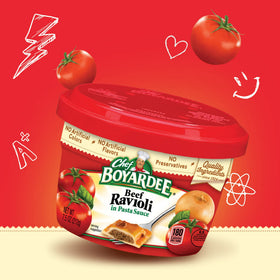 Chef Boyardee Beef Ravioli bowl on table, ready-to-serve for busy families.