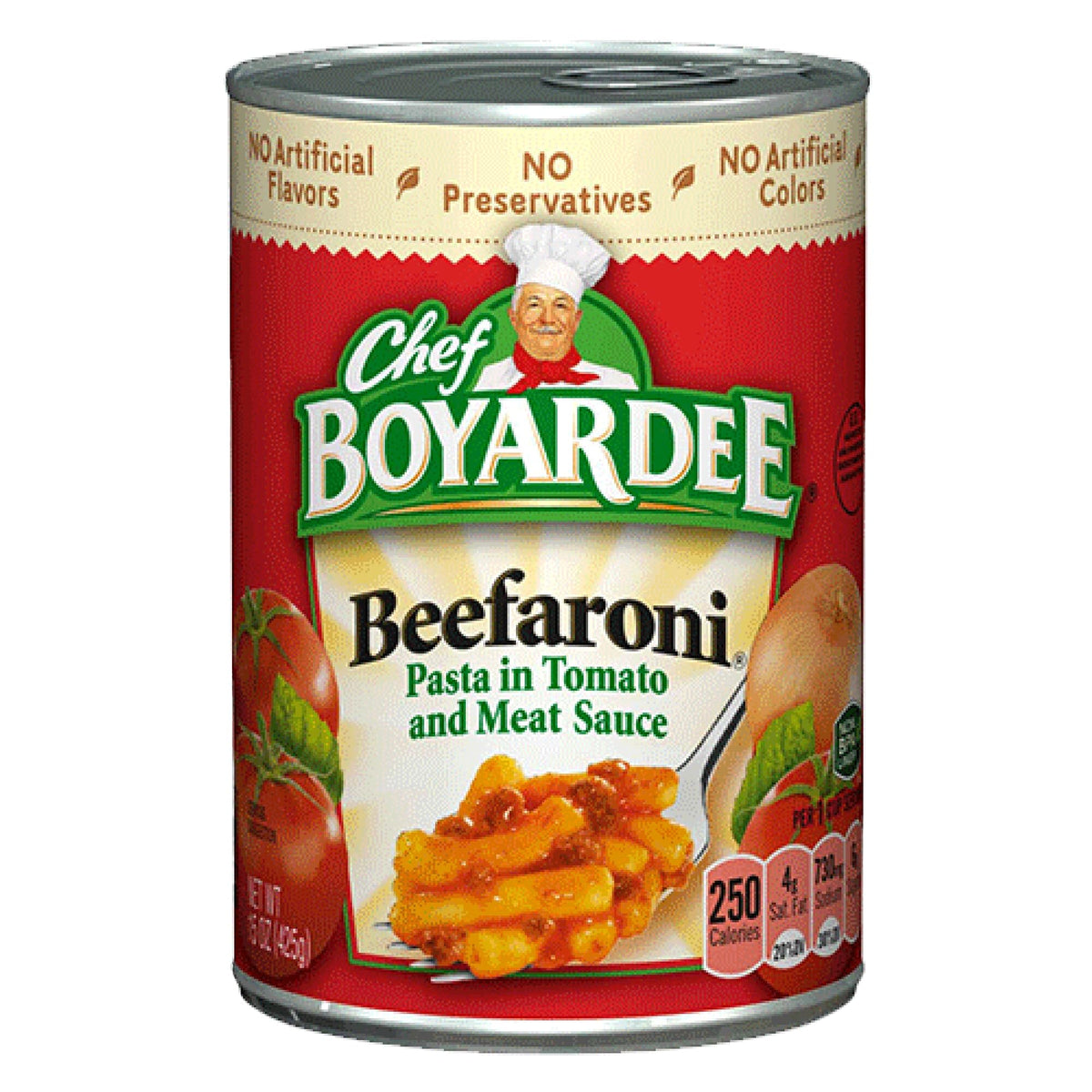 Chef Boyardee Beefaroni 15oz can pack shown, ideal for quick family meals