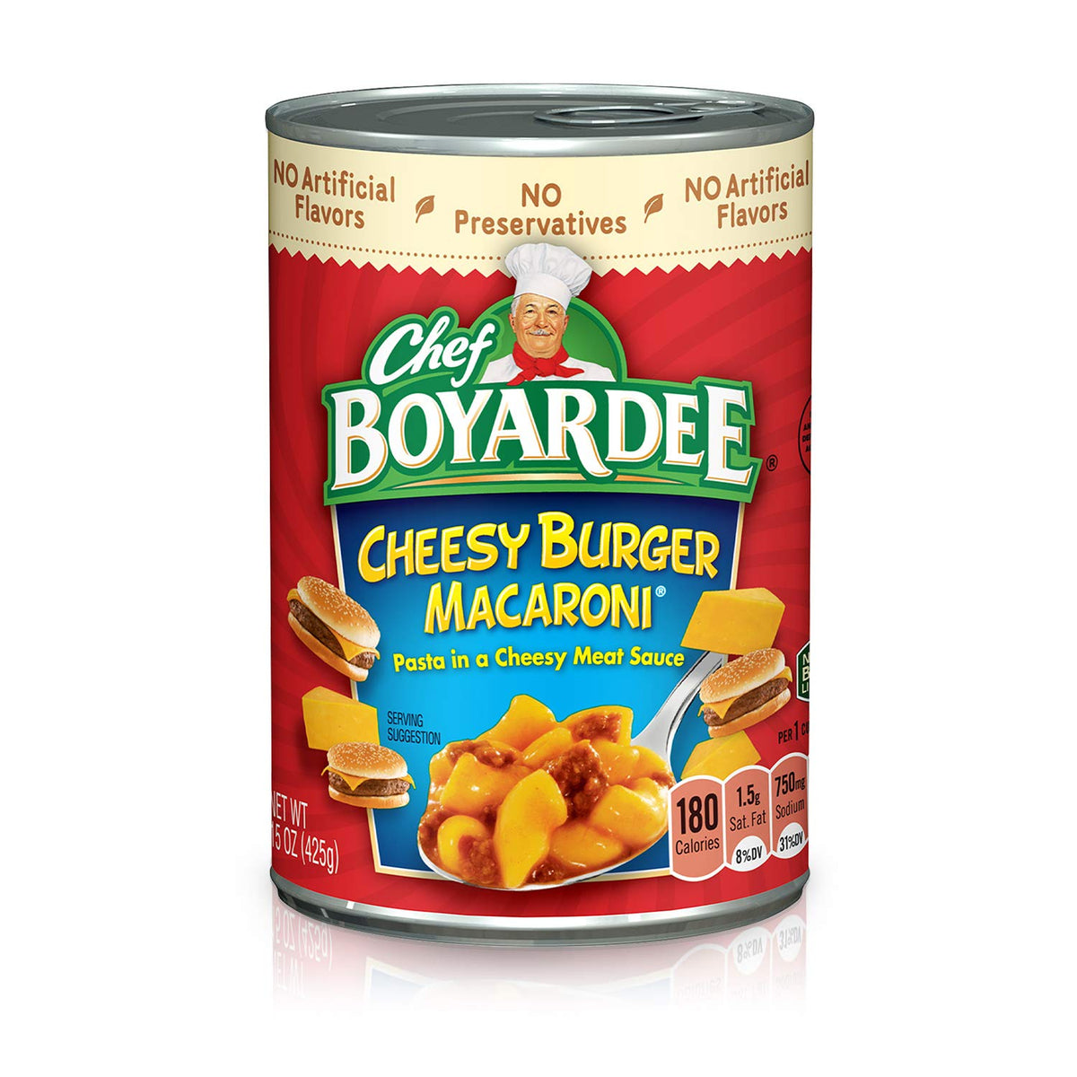Chef Boyardee Cheesy Burger Macaroni can on shelf, convenient protein dinner option.