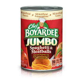 Chef Boyardee Jumbo Spaghetti and Meatballs can label highlighting protein-rich convenience.