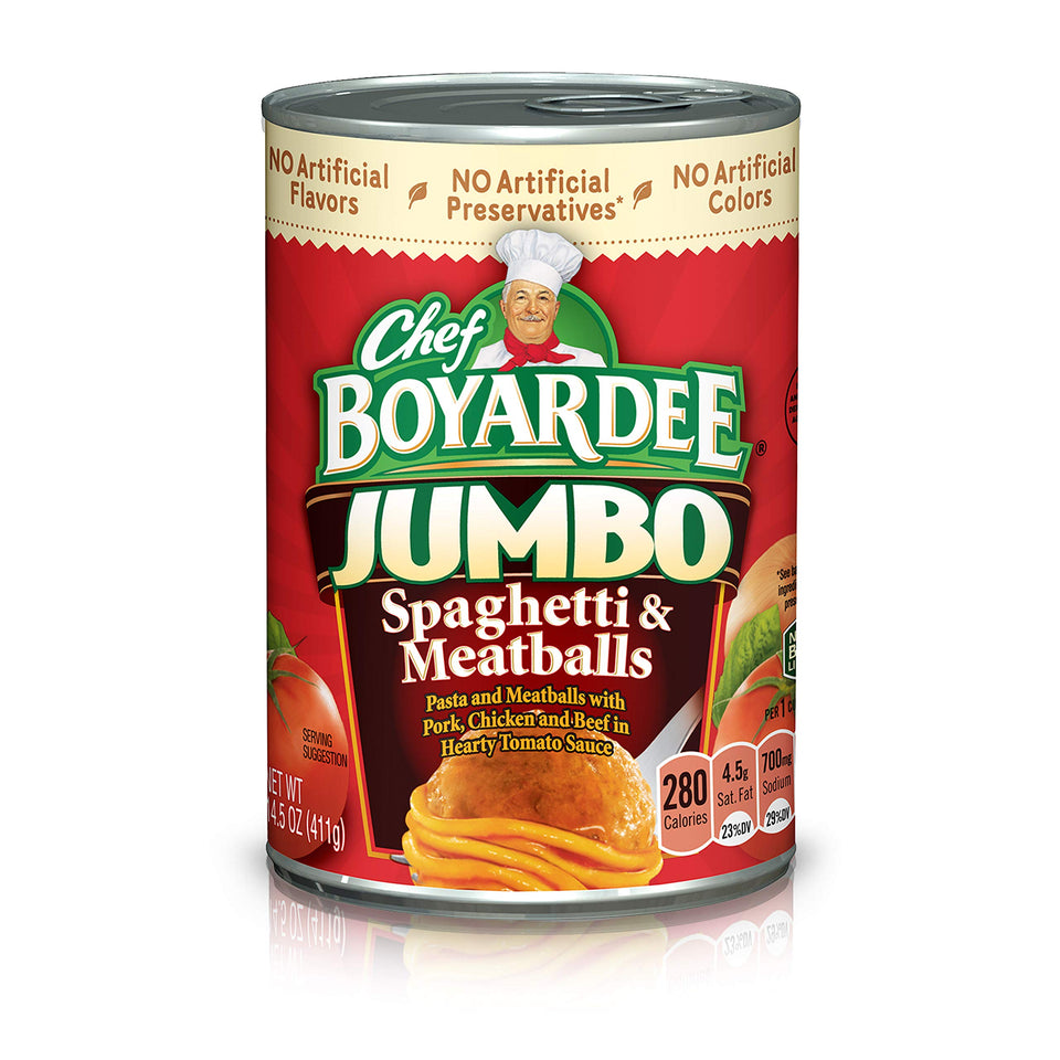 Chef Boyardee Jumbo Spaghetti and Meatballs can label highlighting protein-rich convenience.