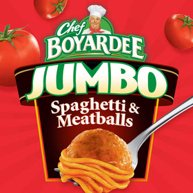 Chef Boyardee Jumbo Spaghetti and Meatballs serving bowl ready in minutes for a quick meal.