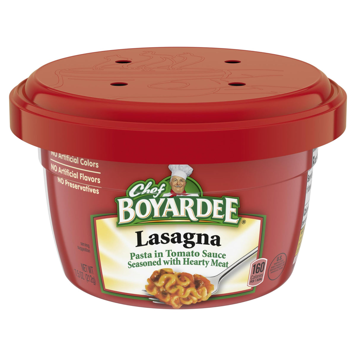 Chef Boyardee Lasagna bowl open, quick heat for busy weeknights.