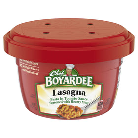 Chef Boyardee Lasagna bowl open, quick heat for busy weeknights.
