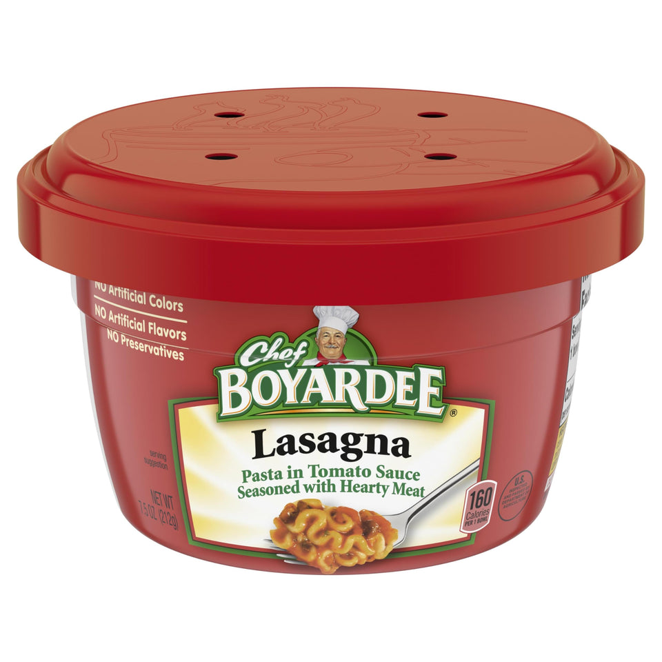 Chef Boyardee Lasagna bowl open, quick heat for busy weeknights.