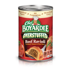 Chef Boyardee Overstuffed Beef Ravioli can with pull-tab for quick meals.