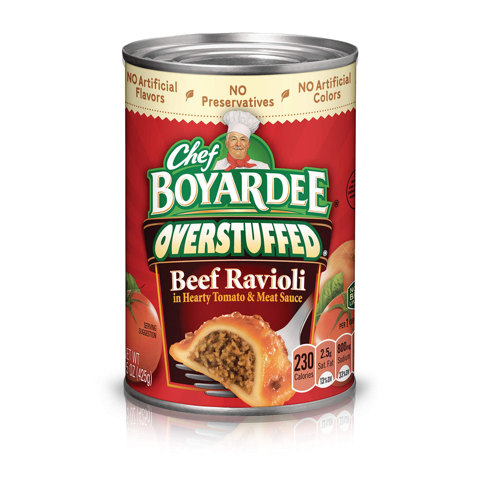 Chef Boyardee Overstuffed Beef Ravioli can with pull-tab for quick meals.