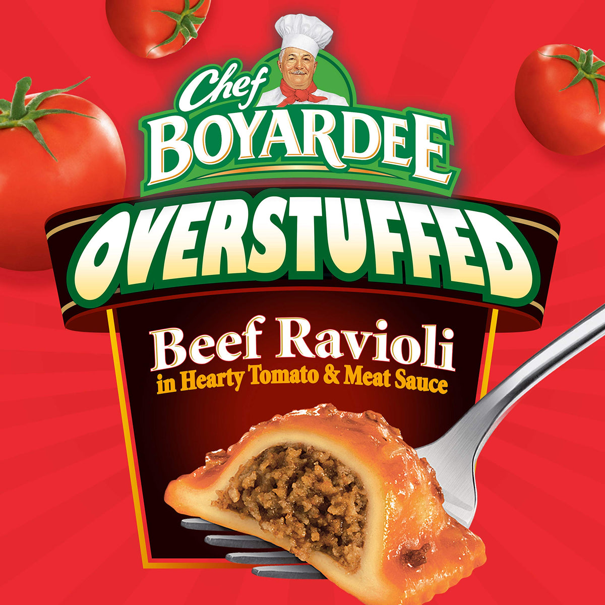 Chef Boyardee Overstuffed Beef Ravioli close-up of beef-filled pasta.