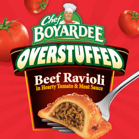 Chef Boyardee Overstuffed Beef Ravioli close-up of beef-filled pasta.
