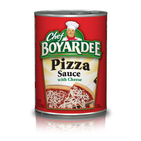 Chef Boyardee Pizza Sauce with Cheese can close-up highlighting authentic flavor