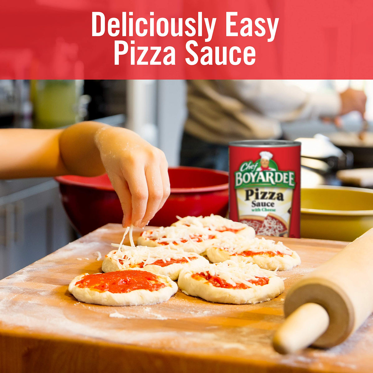 Ready-to-bake pizza scene with Chef Boyardee sauce
