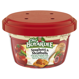 Chef Boyardee spaghetti and meatballs bowl front view, quick meal option