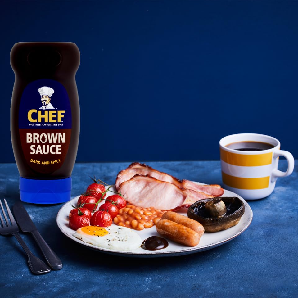 Pouring Chef Brown Sauce over mash to elevate bacon dishes
