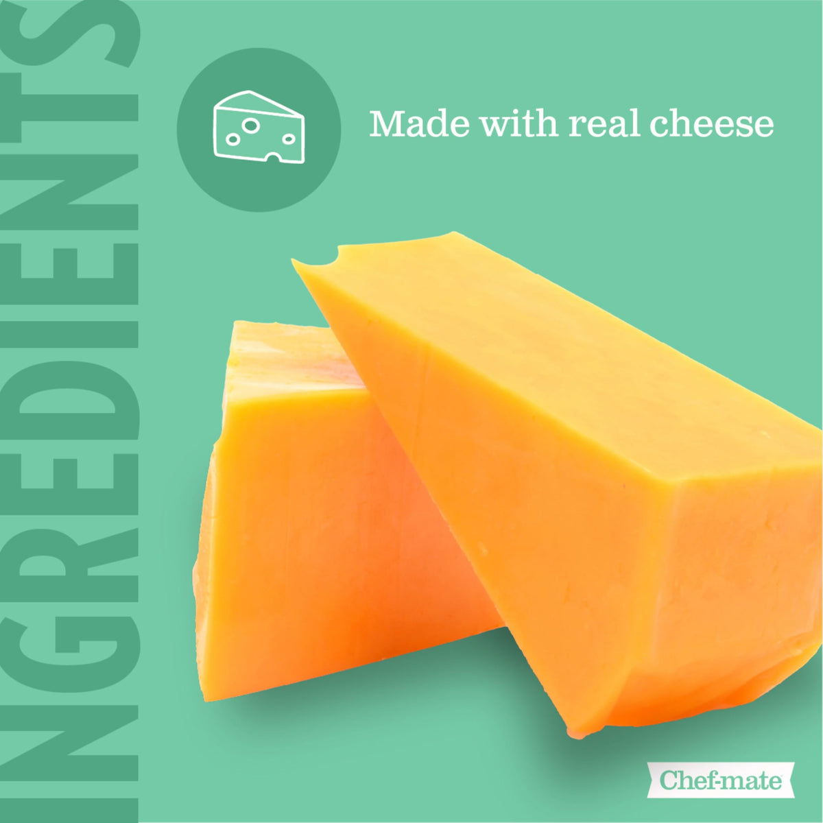Branded label highlights real cheddar and no artificial flavors of Chef-mate sauce.