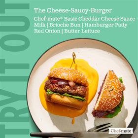 Brunch plate drizzled with Chef-mate cheddar sauce for versatile topping.