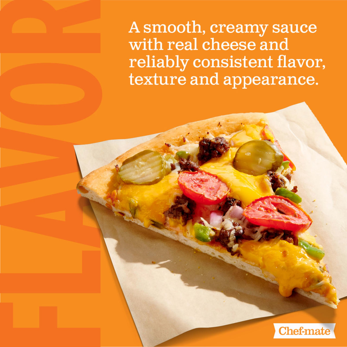 Open can pouring shows Chef-mate Basic Cheddar Cheese Sauce's creamy texture for dippers.