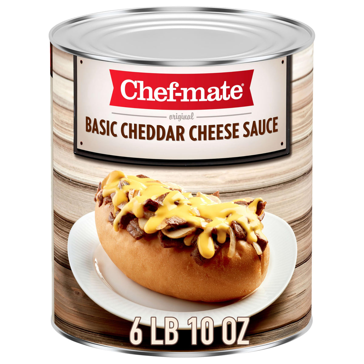 Chef-mate Basic Cheddar Cheese Sauce can side view, ready to heat for quick comfort meals.