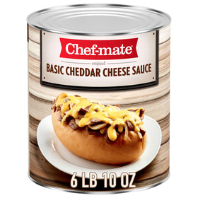 Chef-mate Basic Cheddar Cheese Sauce can side view, ready to heat for quick comfort meals.