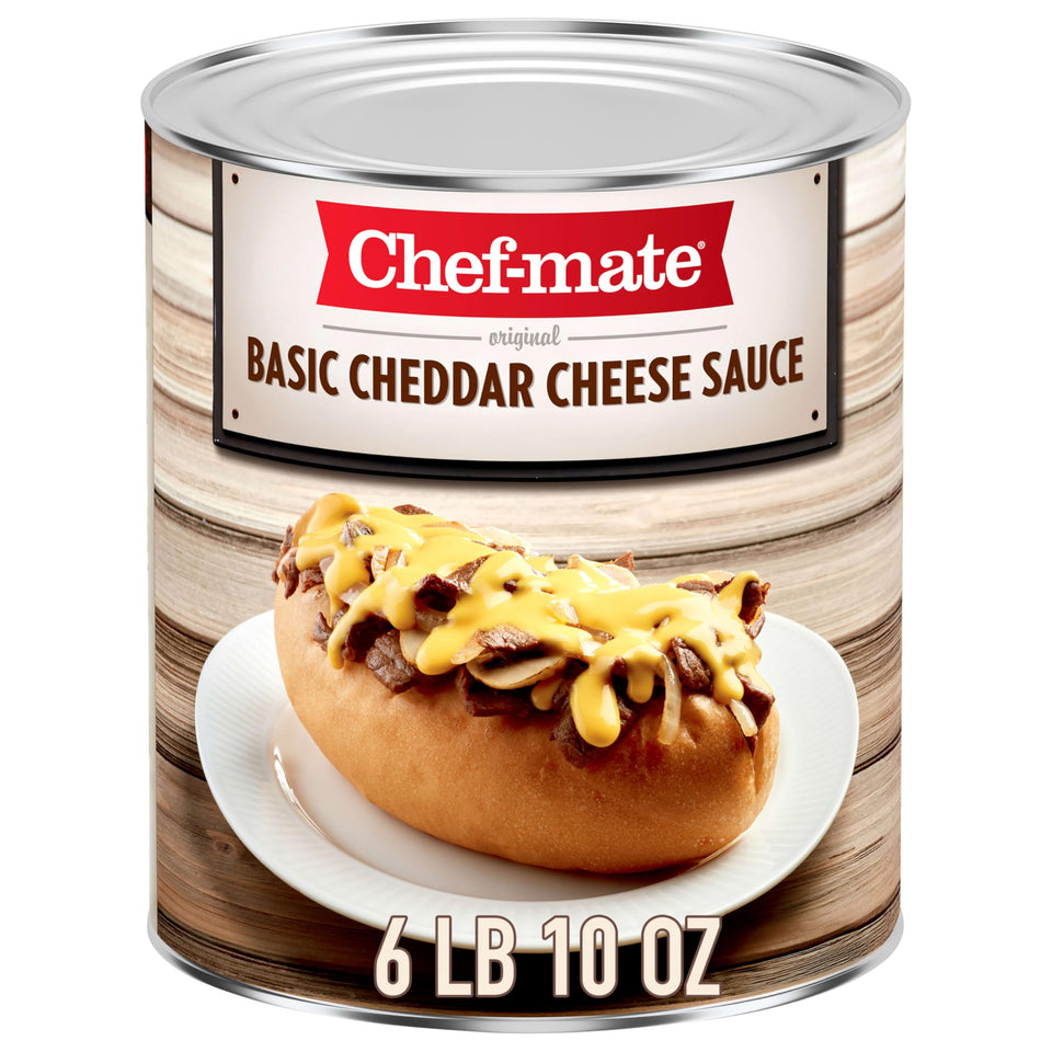 Chef-mate Basic Cheddar Cheese Sauce can side view, ready to heat for quick comfort meals.