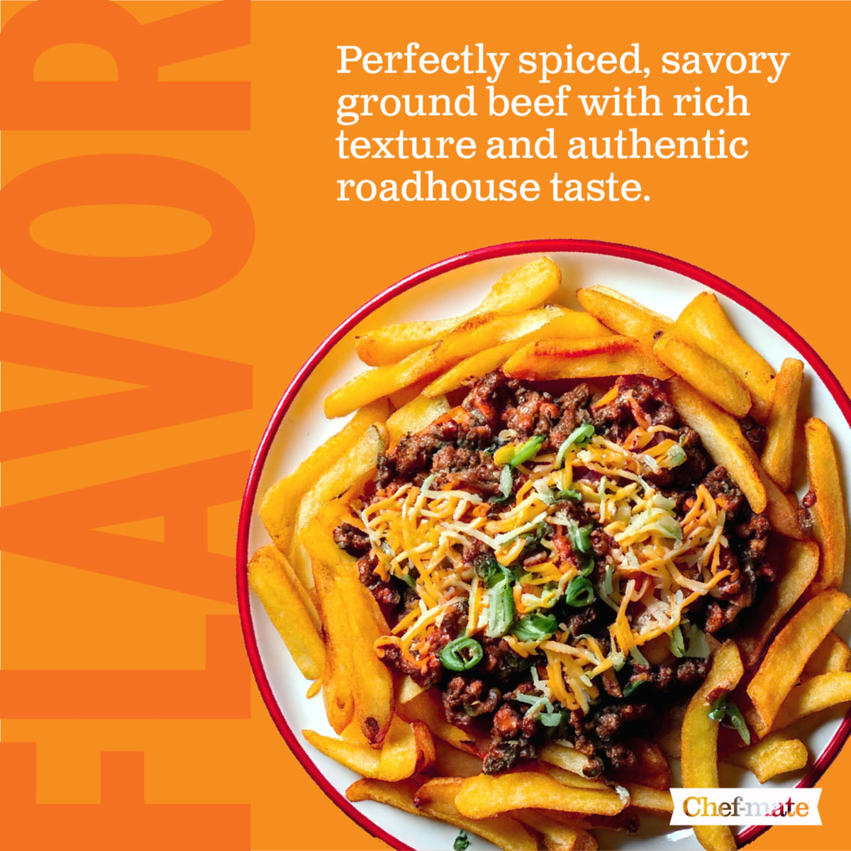 Chef-mate beef chili no beans served in a bowl showing hearty texture