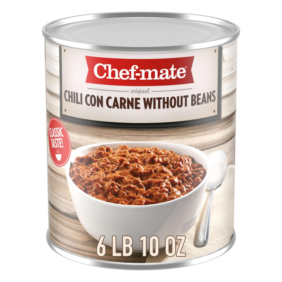 Chef-mate beef chili no beans can front view for bulk storage
