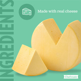 Busy kitchen prep area with Chef-mate Golden Cheddar Cheese Sauce in bulk packaging