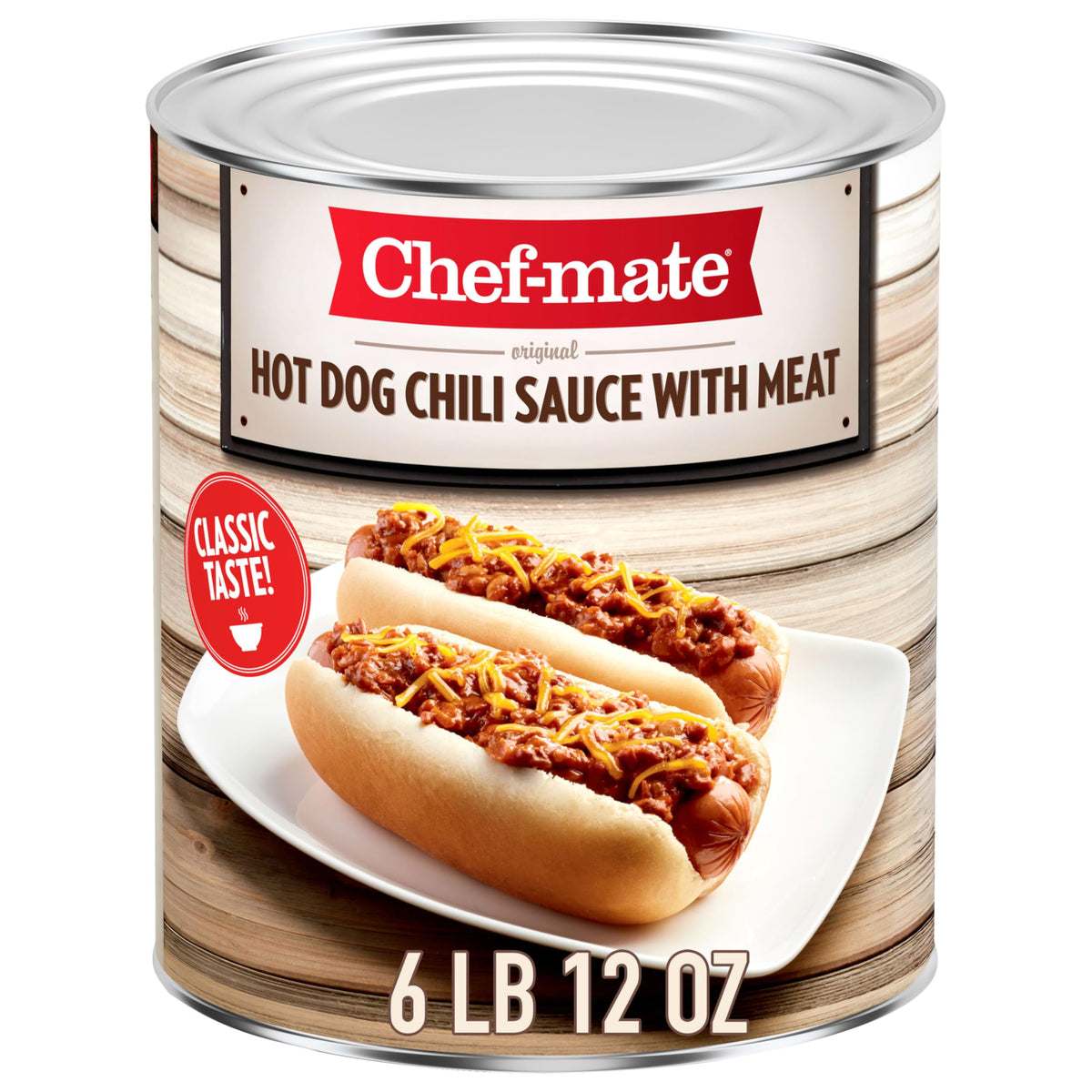 Chef-mate hot dog chili sauce with meat on a bun, ready to serve