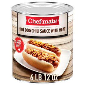 Chef-mate hot dog chili sauce with meat on a bun, ready to serve