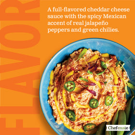 Chef-mate Que Bueno Jalapeño Cheese Sauce on burritos, creamy jalapeño cheddar filling