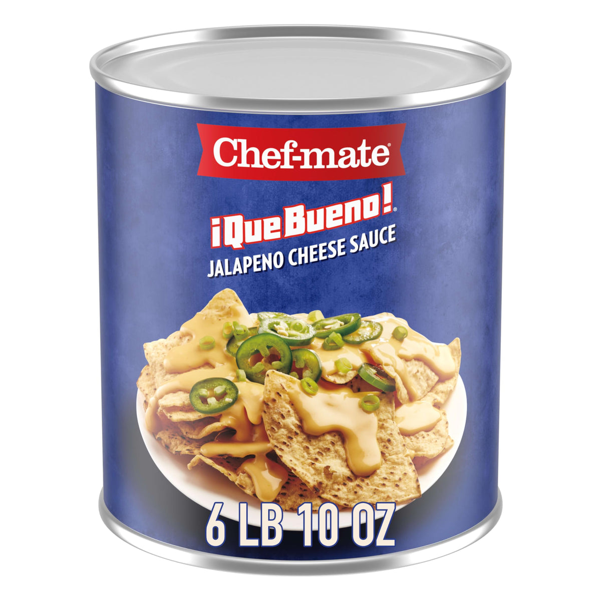 Chef-mate Que Bueno Jalapeño Cheese Sauce on nachos, creamy cheddar and spicy jalapeño topping