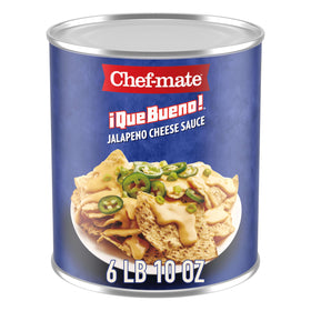 Chef-mate Que Bueno Jalapeño Cheese Sauce on nachos, creamy cheddar and spicy jalapeño topping