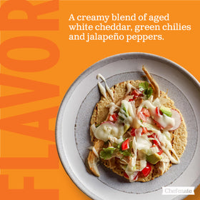Chef-mate Que Bueno White Queso Sauce pour highlights creamy texture for toppings