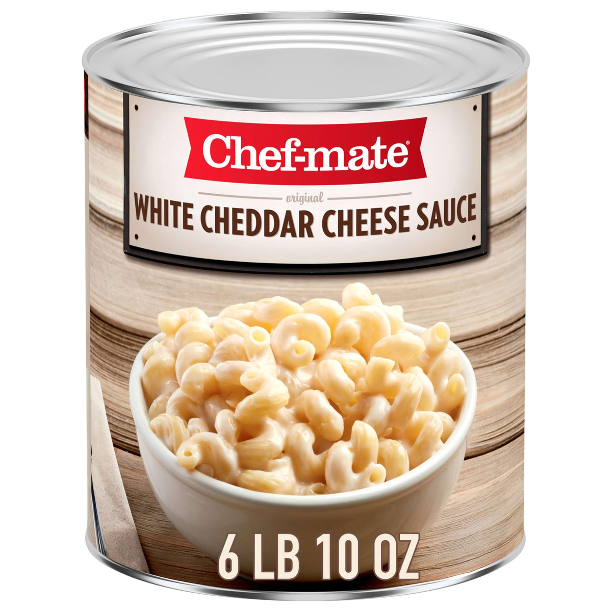 Chef-Mate White Cheddar Cheese Sauce can front view, shelf-stable bulk option for kitchens